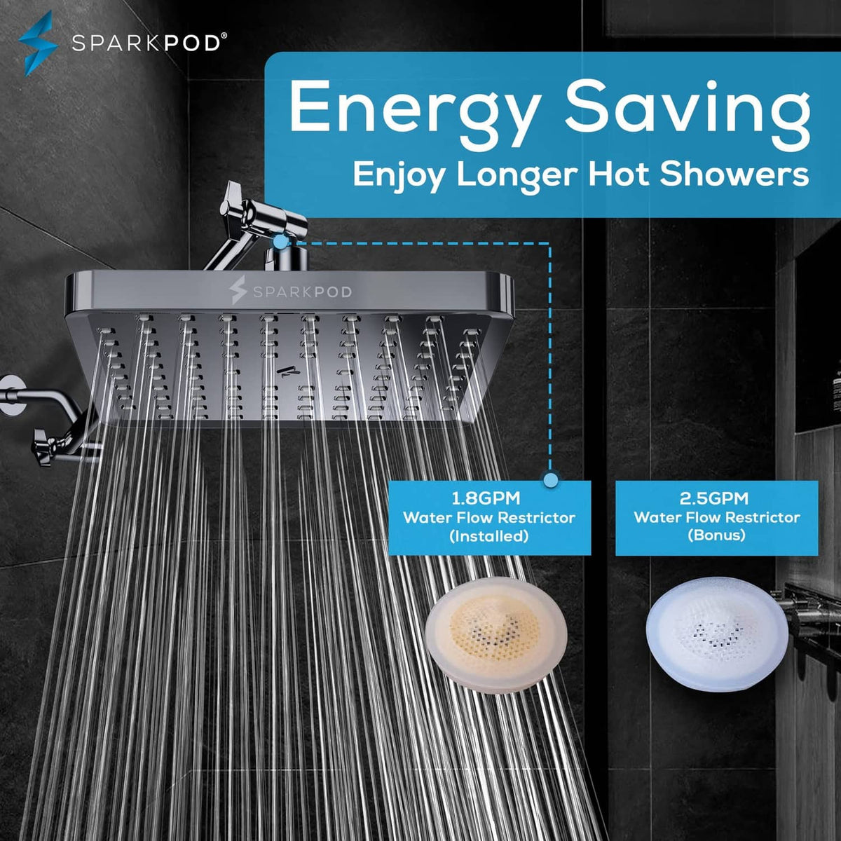 Charcoal square rain shower head with multiple water jets