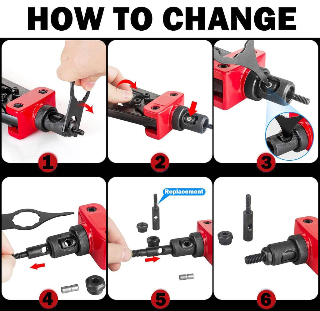 Rivet nut tool parts change diagram with red tool, mandrel, and insert pieces