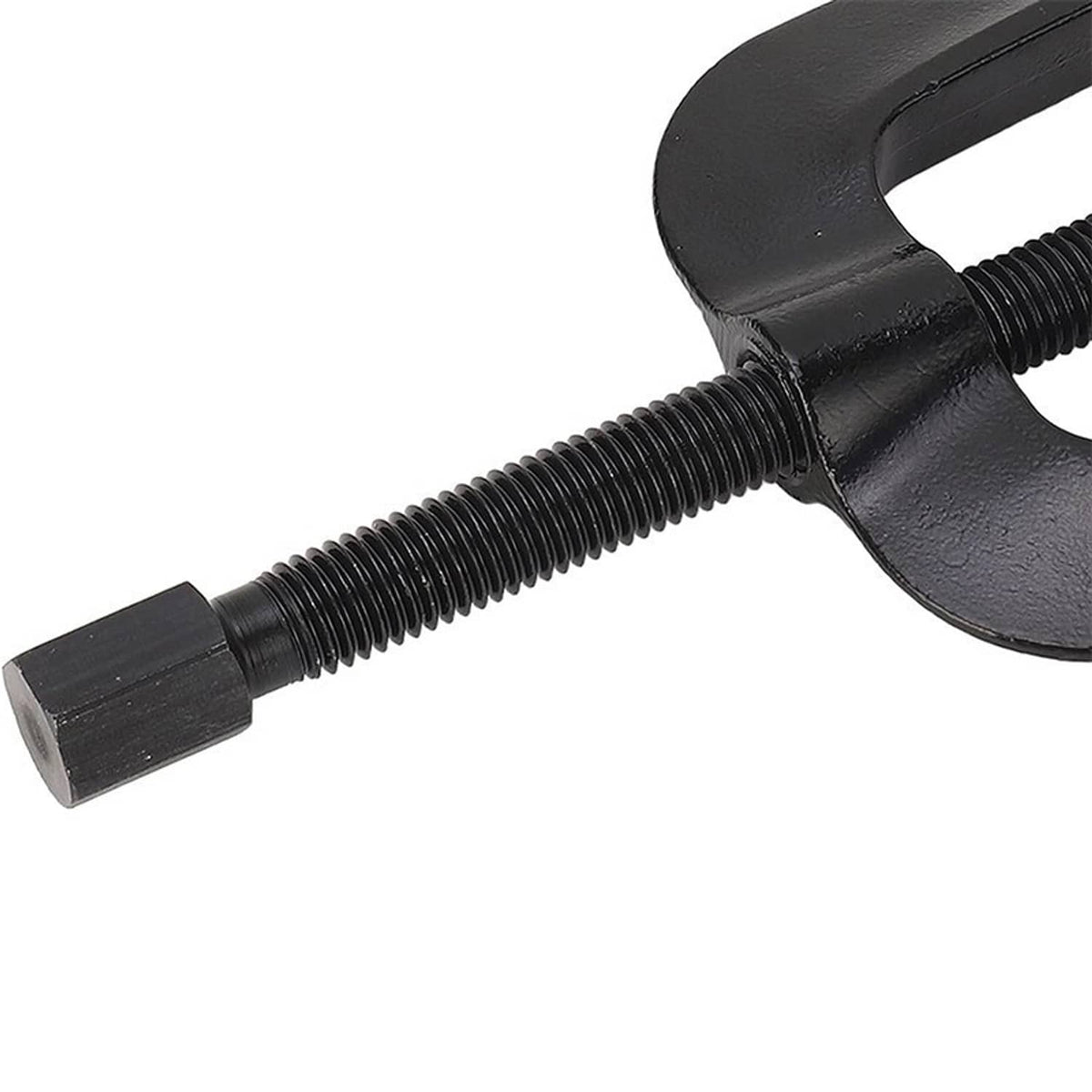 Close-up of black bracket puller with textured U handle, threaded rod, and end nut