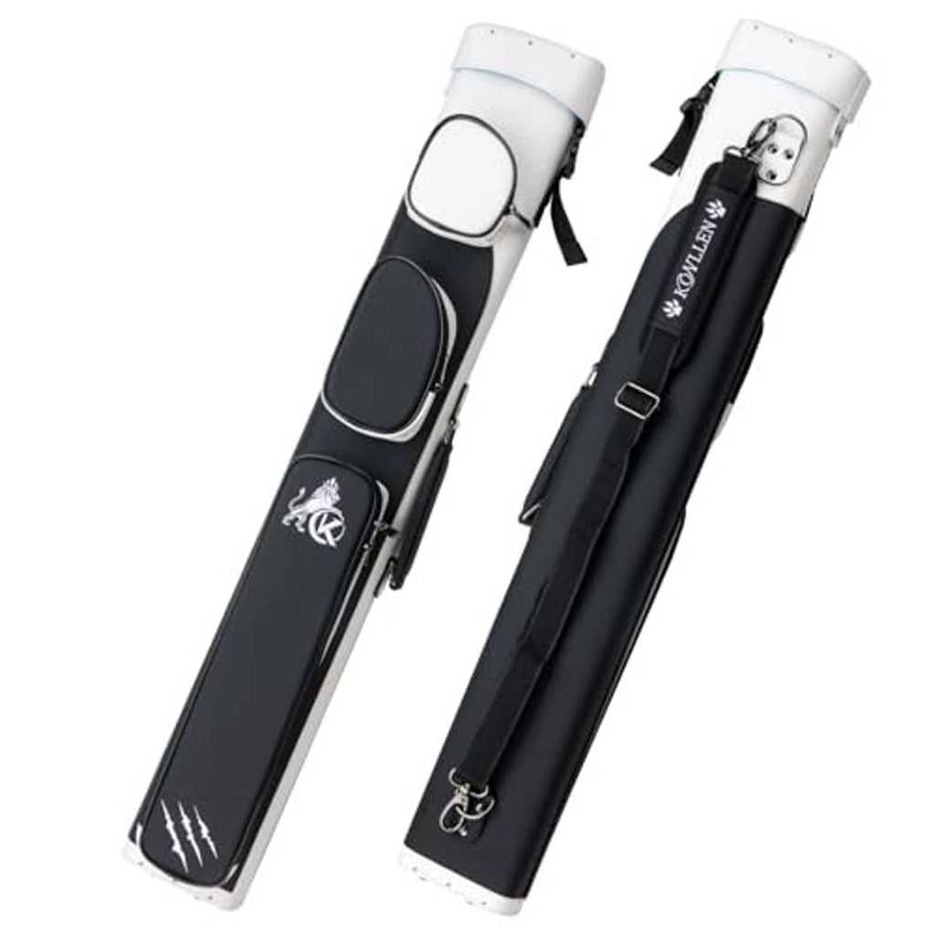 Hard pool cue case, black body with white end caps and buckled carrying strap