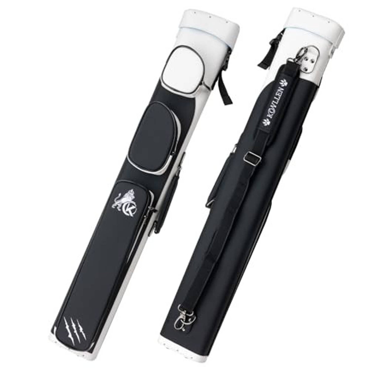 Hard pool cue case, black body with white end caps and buckled carrying strap