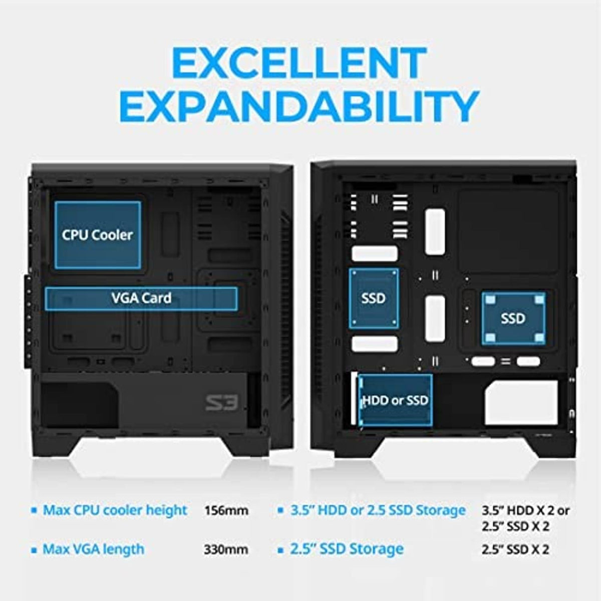Black open computer case layout showing GPU and storage mounting areas