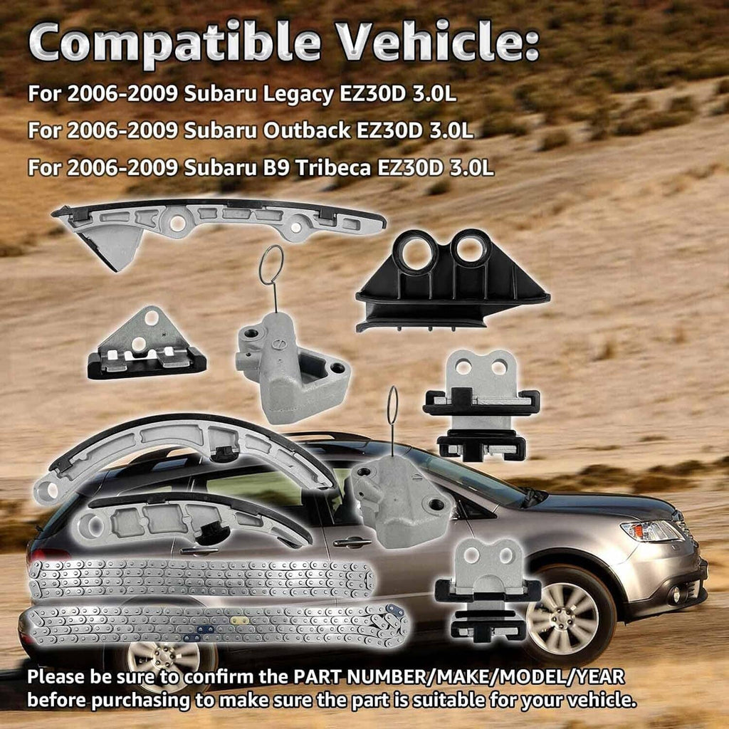 Timing chain kit compatible parts: metal chains, curved guides, tensioners, and bracket set