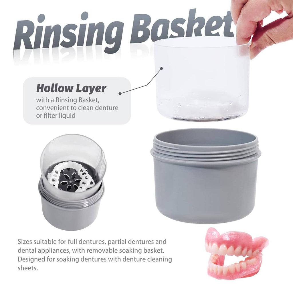 Denture soaking cups with rinsing basket insert, small and large cases shown.