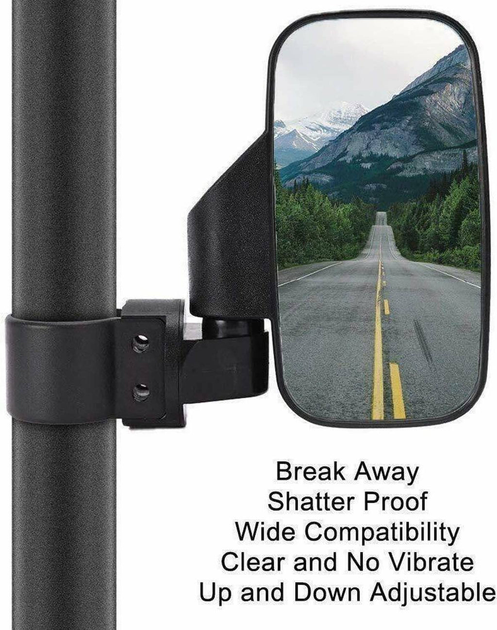 UTV clamp-on side mirror set with clear rectangular glass and black housing