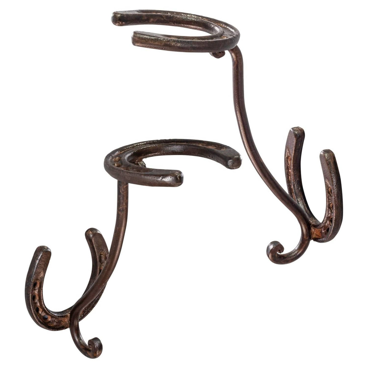 Rust-brown cast iron cowboy hat rack with three U-shaped hooks on a curved base.
