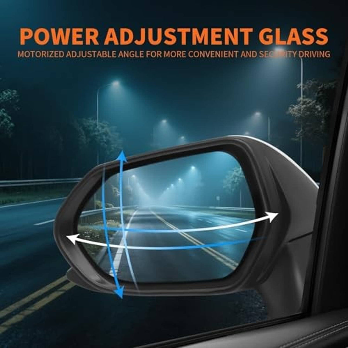 Driver side power-adjust mirror glass with black housing and adjustment motion arrows