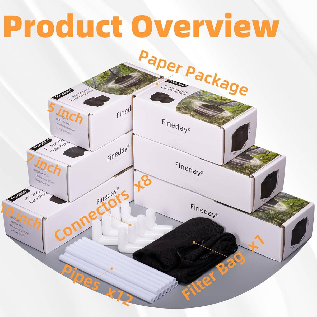 Black pond filter barrier bag system with filter bag and white connector parts
