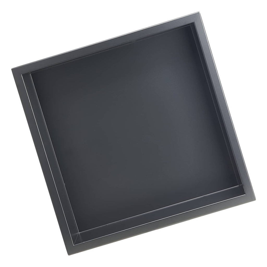 Recessed shower niche shelf with black stainless steel frame, angled view