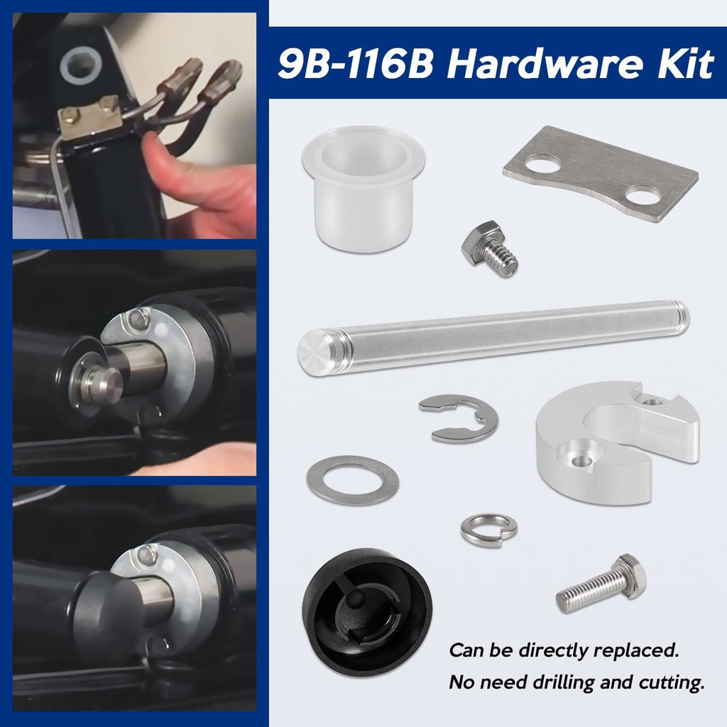 9B-116B hardware kit parts: clear cylinder, white caps, metal plate, washers, and screws