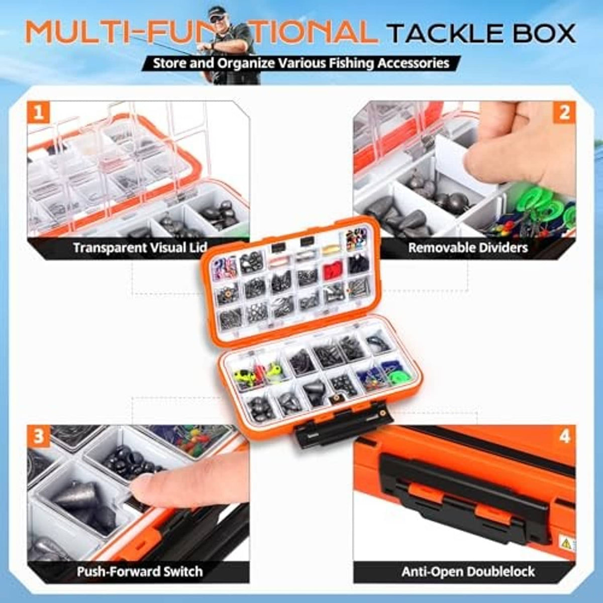 Orange plastic fishing tackle box kit with transparent lid and organized compartments