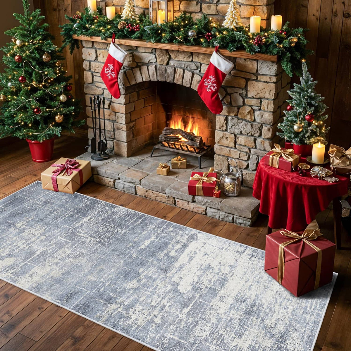 Rectangular blue and ivory entryway rug with distressed pattern, flat woven surface.