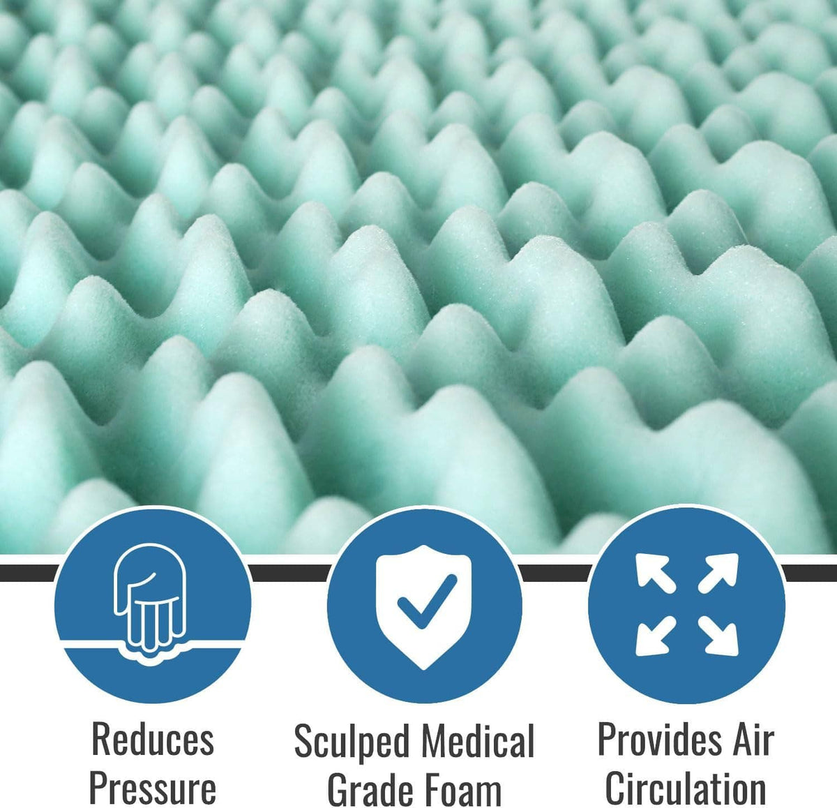 Close-up of light teal egg-crate foam mattress topper texture with raised dimples.