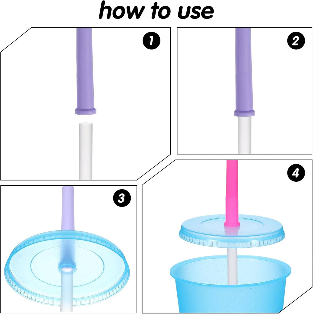 Spill-proof tumbler straw replacement with purple silicone tip and white stem