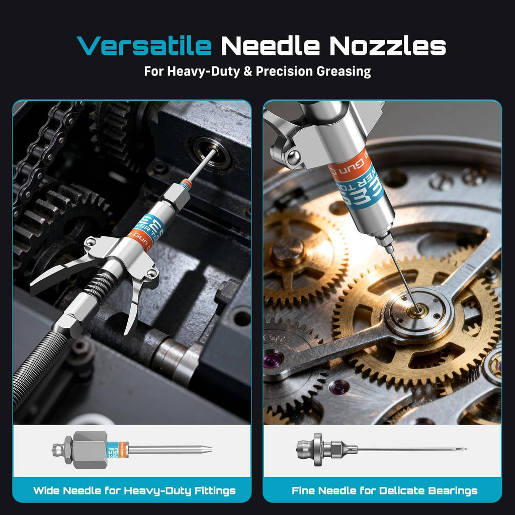 Needle nozzle grease gun accessory with wide and fine needle tips