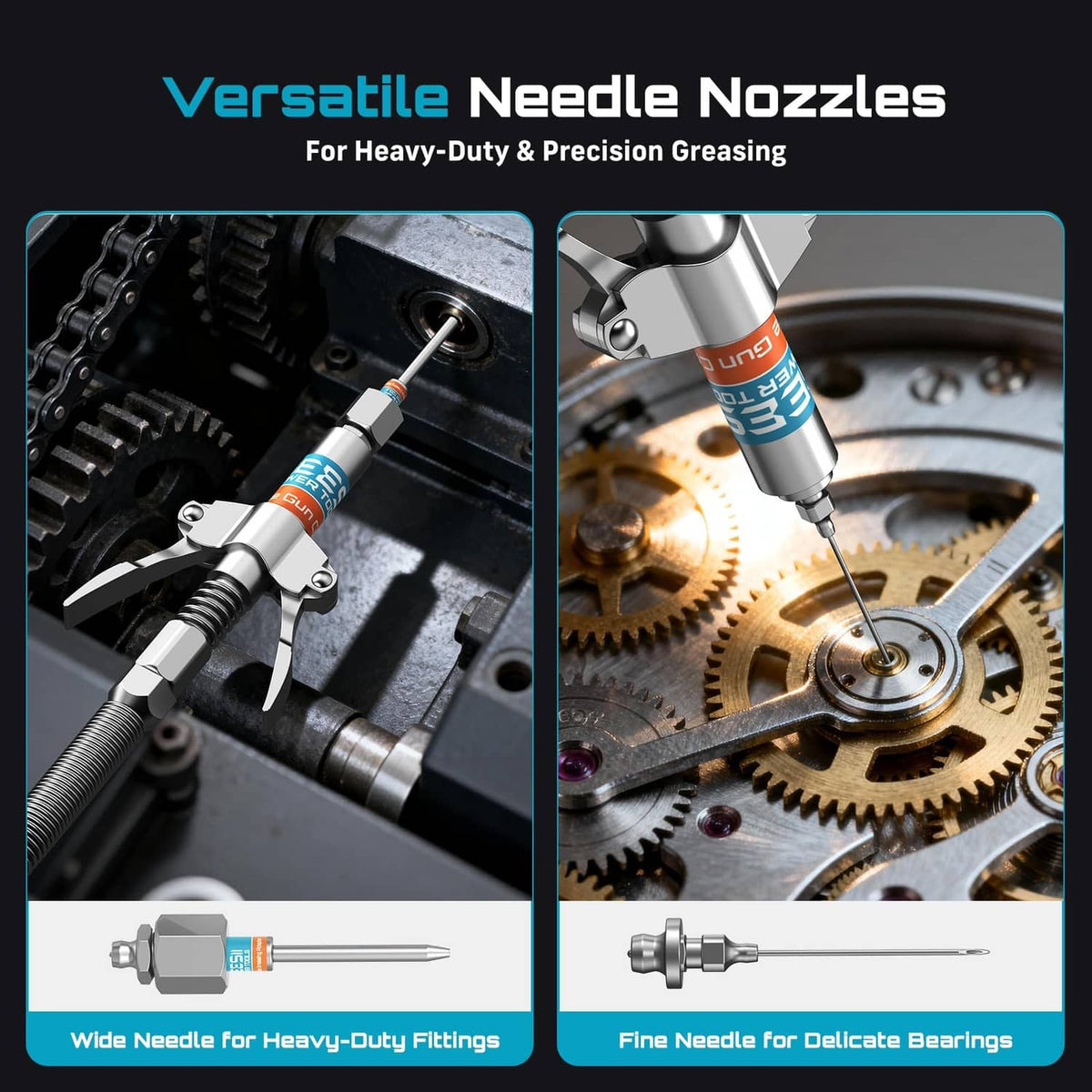 Needle nozzle grease gun accessory with wide and fine needle tips