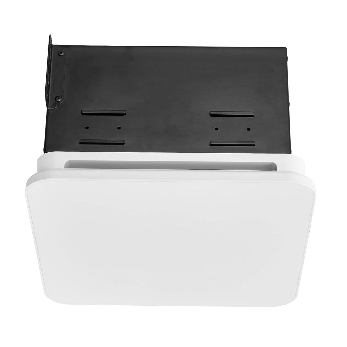 Ceiling bathroom ventilation fan with white LED light and flat black mounting cover