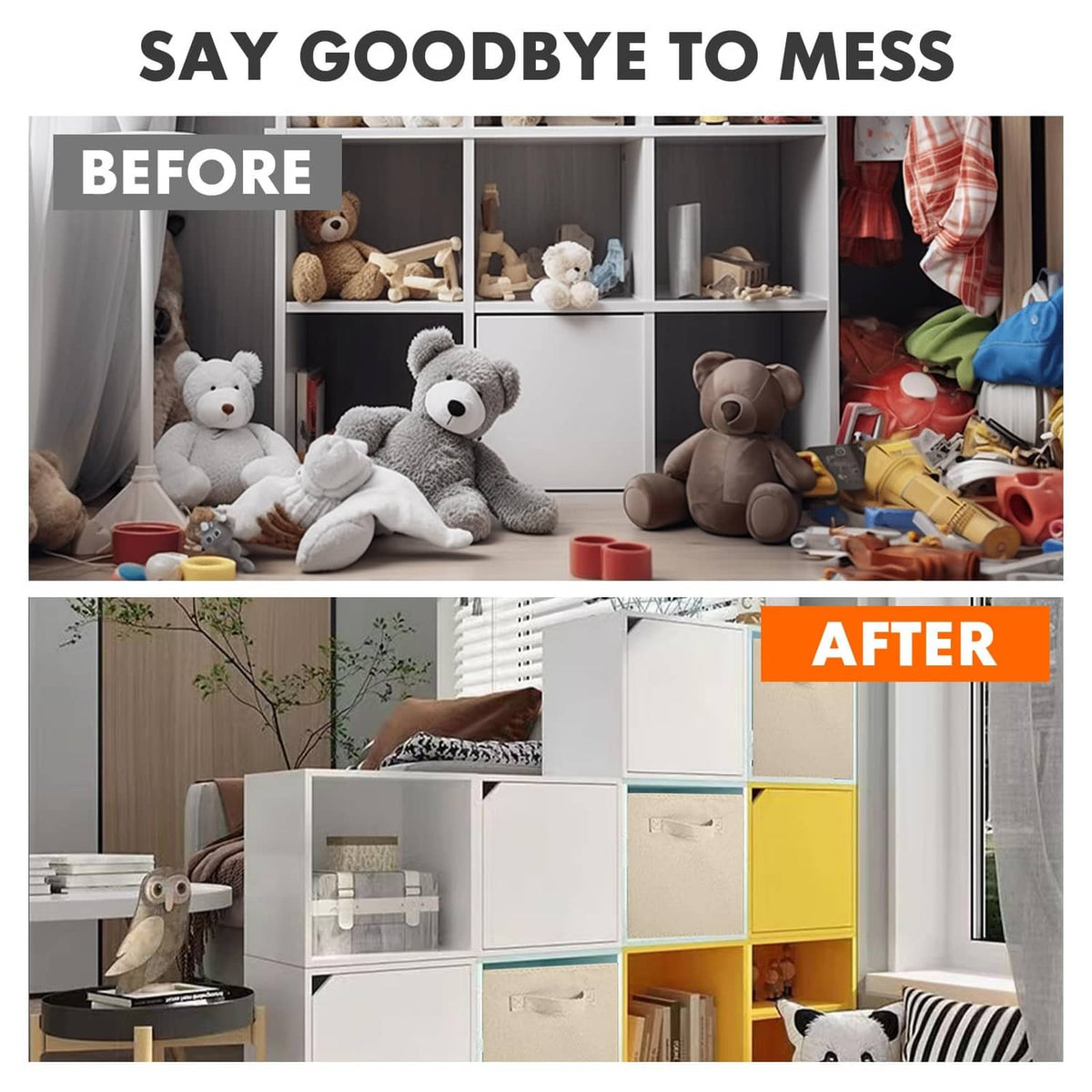 Beige foldable fabric storage cubes neatly organizing toys and clutter