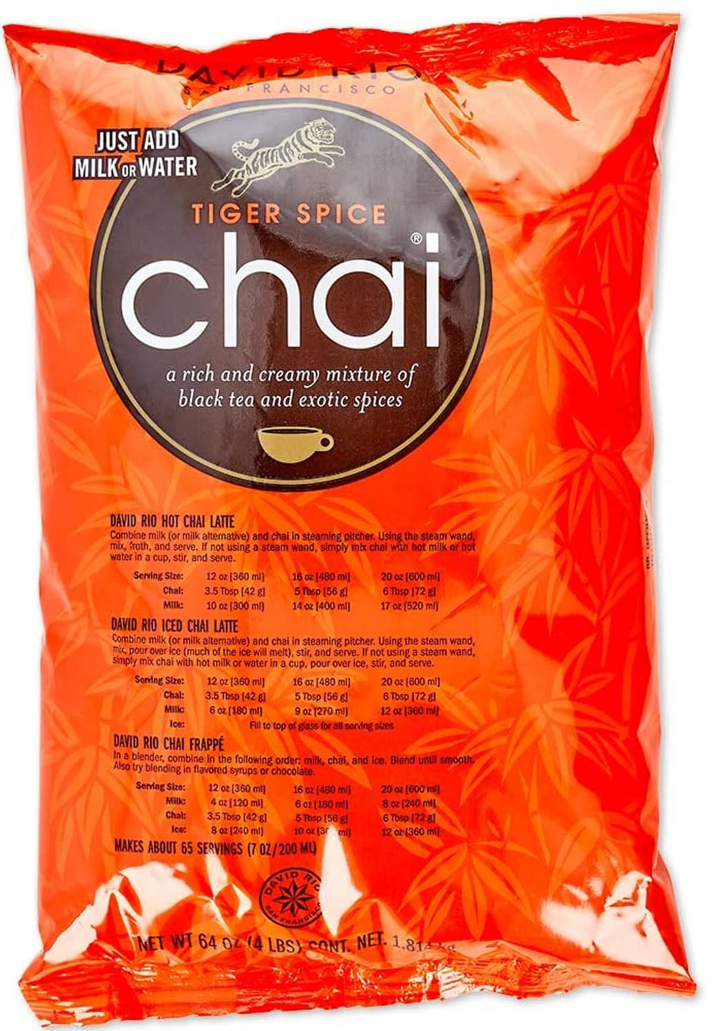 Orange Tiger Spice chai pouch for black tea blend, front label with “Just add milk or water”