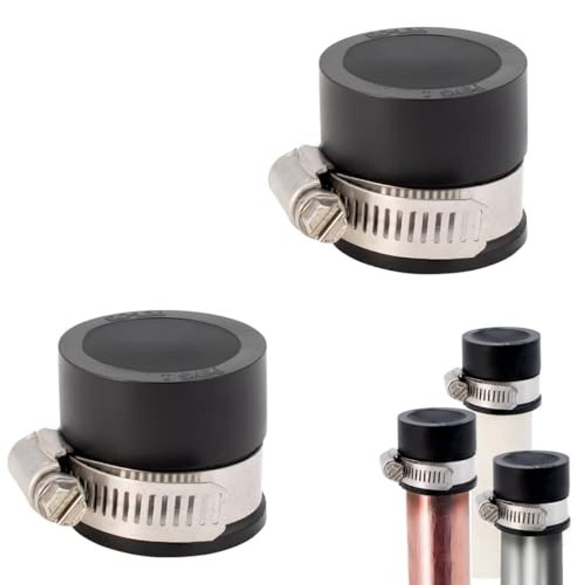 Set of flexible PVC pipe caps with metal clamp bands and black circular top plugs