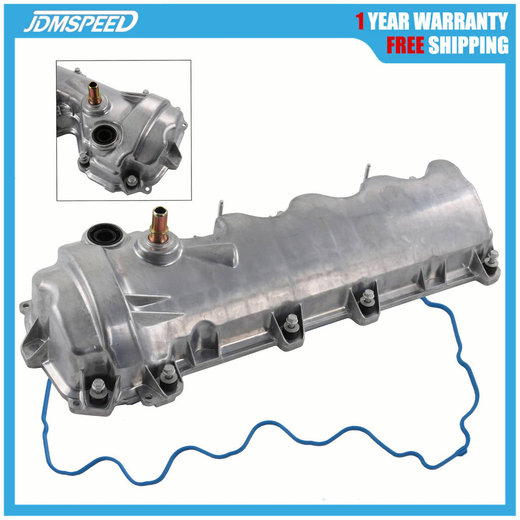 Left-side engine valve cover, metallic gray with black gasket and bolt holes