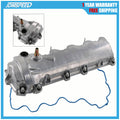 Left-side engine valve cover, metallic gray with black gasket and bolt holes