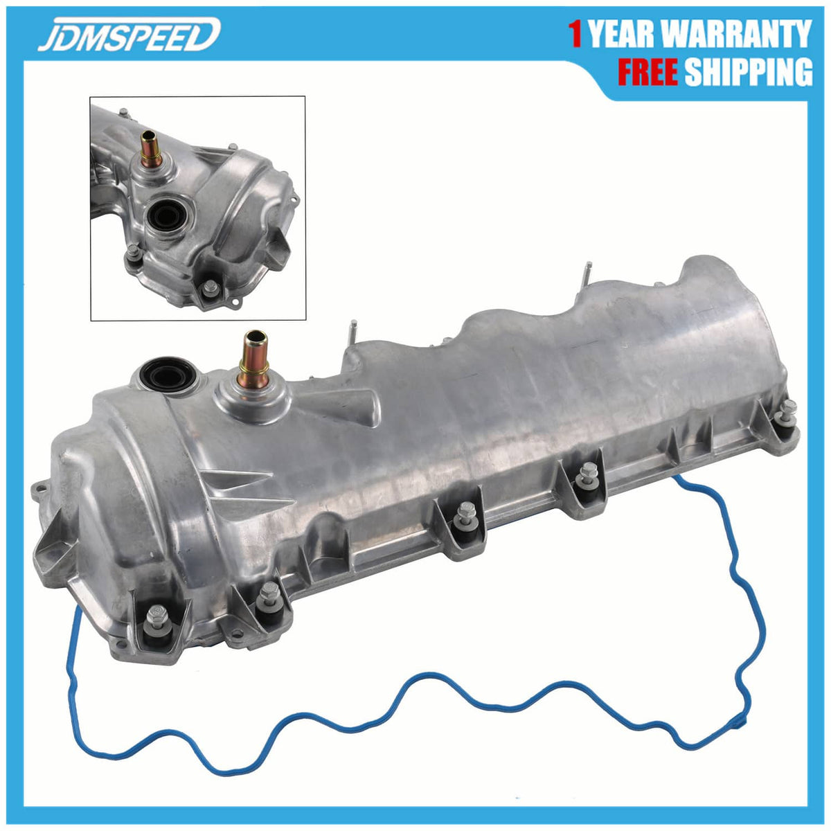Left-side engine valve cover, metallic gray with black gasket and bolt holes