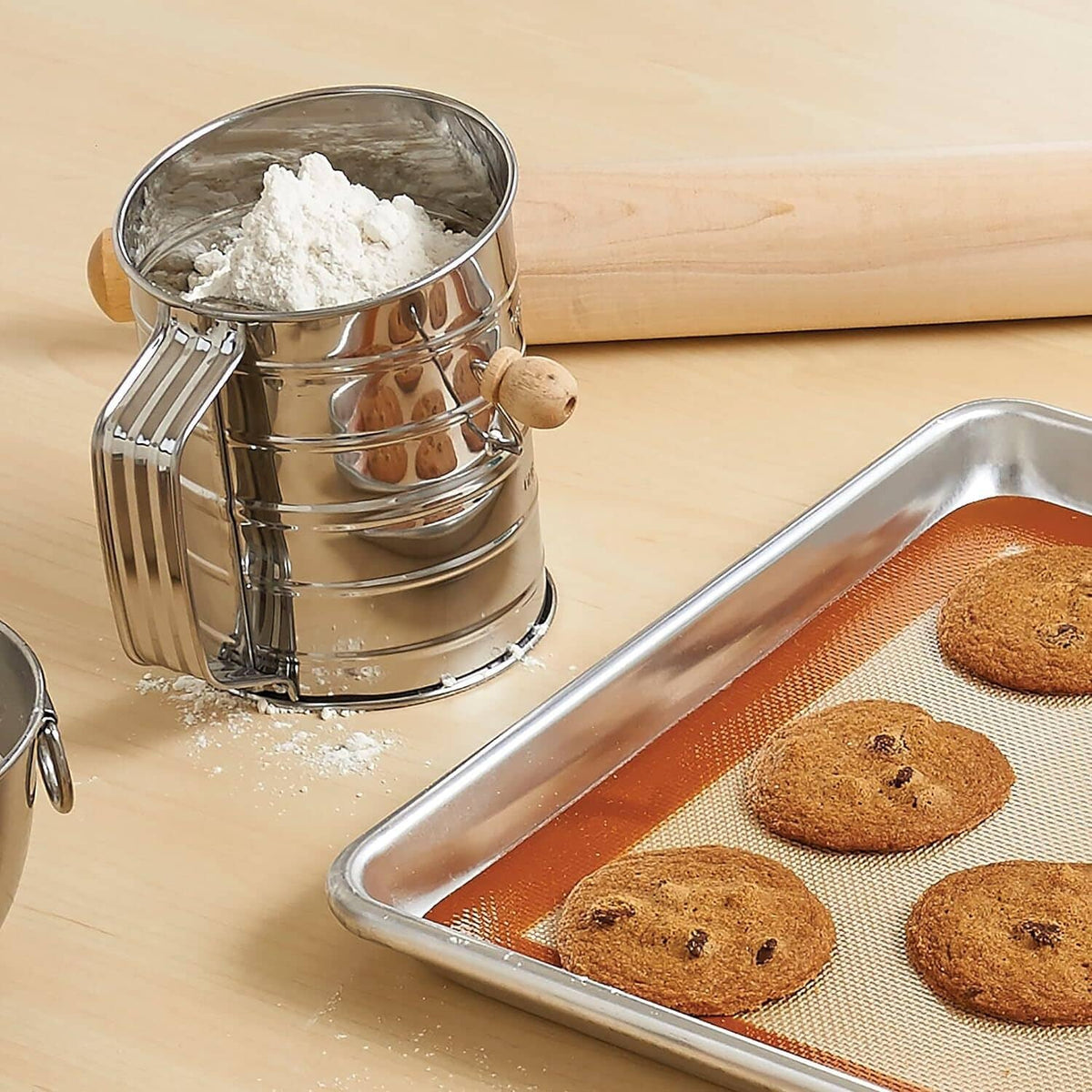 Stainless steel 1-cup flour and sugar sifter with wooden handle