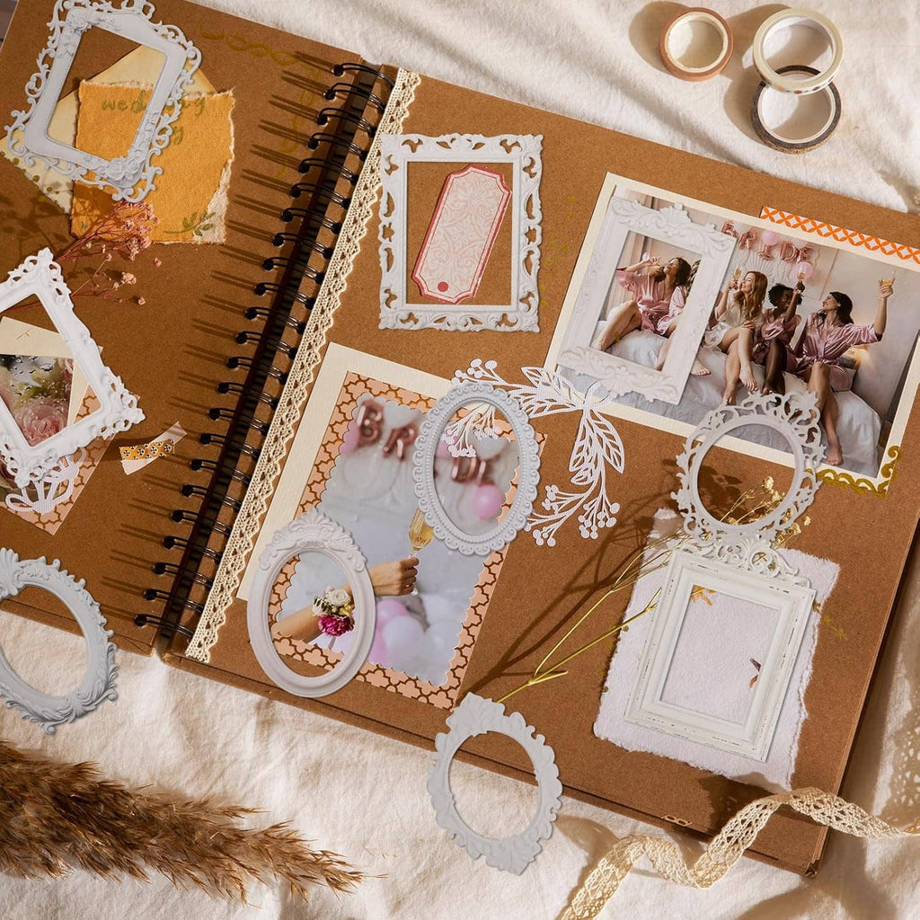 Scrapbook lace frame and border paper set with ornate shapes, shown on a brown page layout.