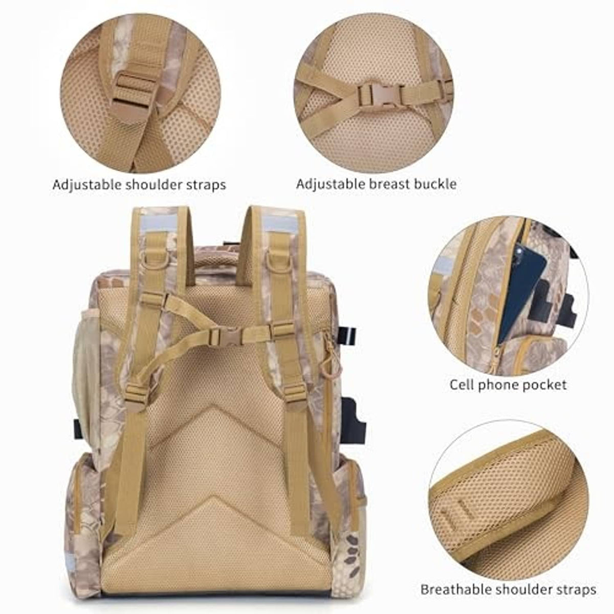 Khaki camo tackle backpack with adjustable shoulder straps and breathable back padding