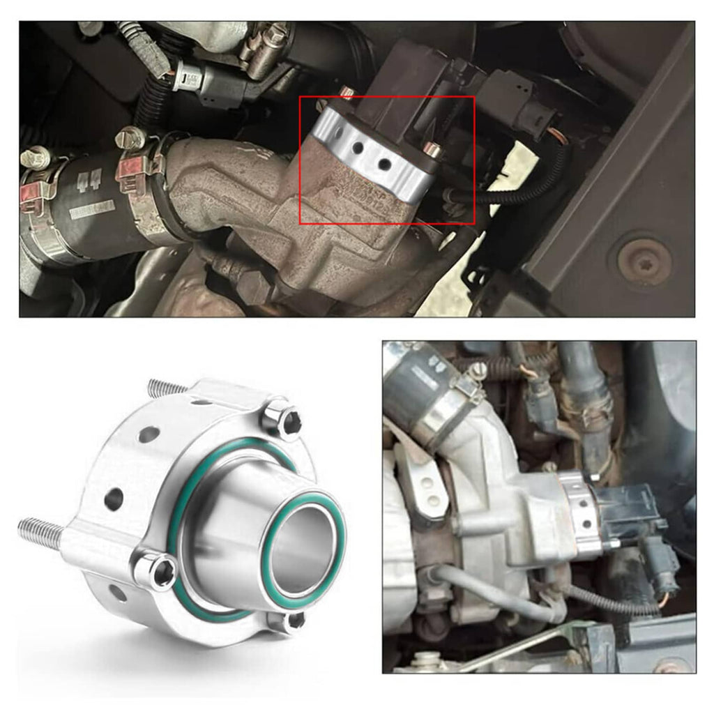 Blow-off valve spacer installed on engine bay; silver spacer with black seal