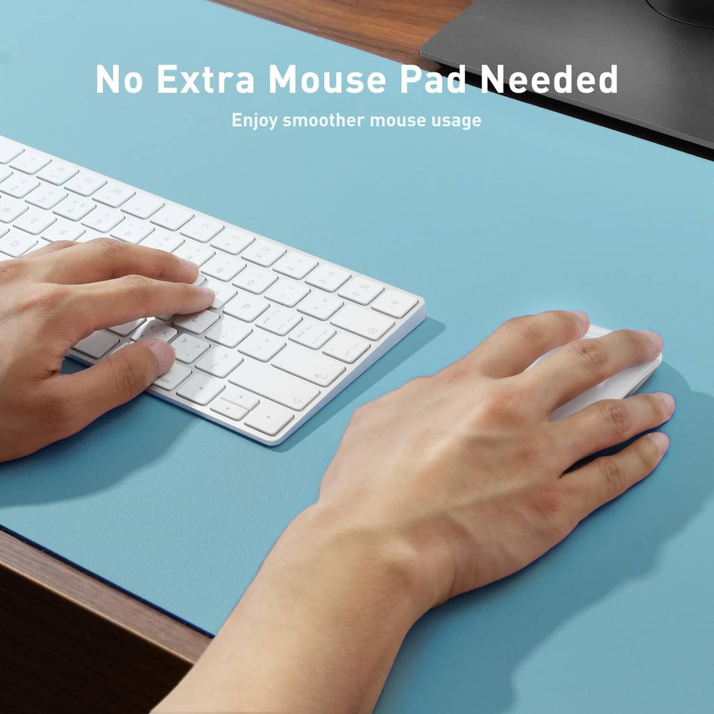 Blue topaz desk pad protector on desk surface for smooth mouse gliding