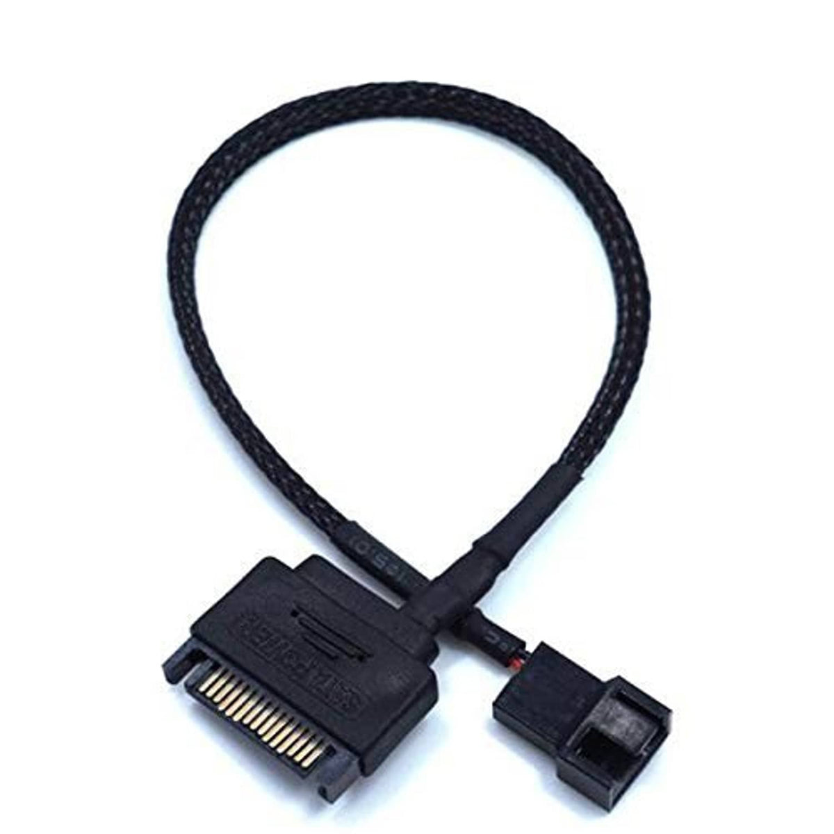 Black SATA power to 3/4-pin PC fan adapter cable with two connectors, braided cord