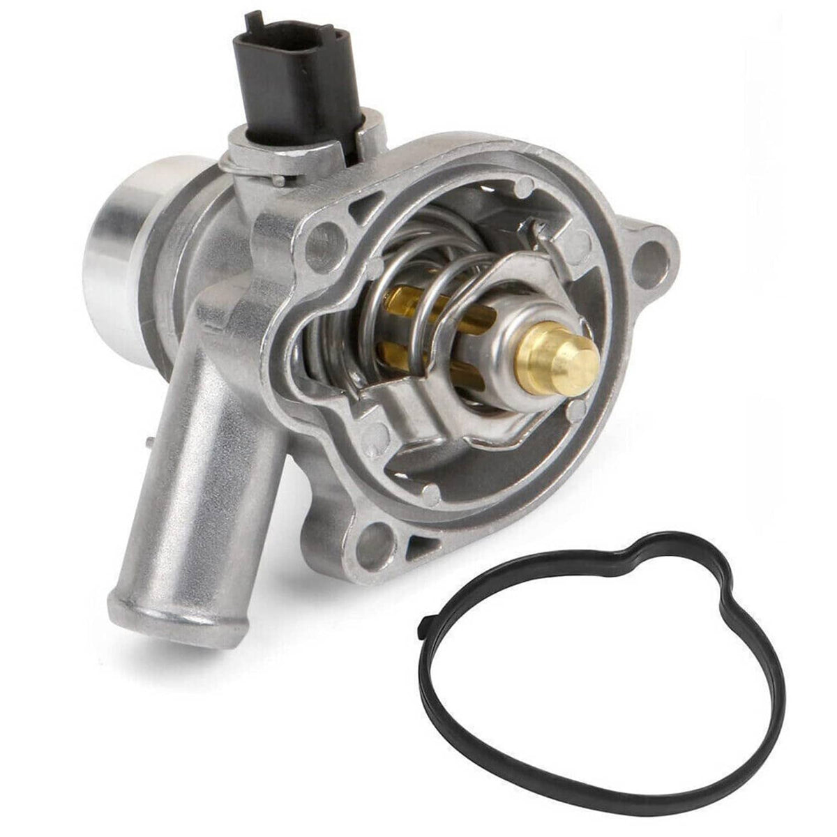 Thermostat housing assembly with metal body, spring valve, and rubber seal