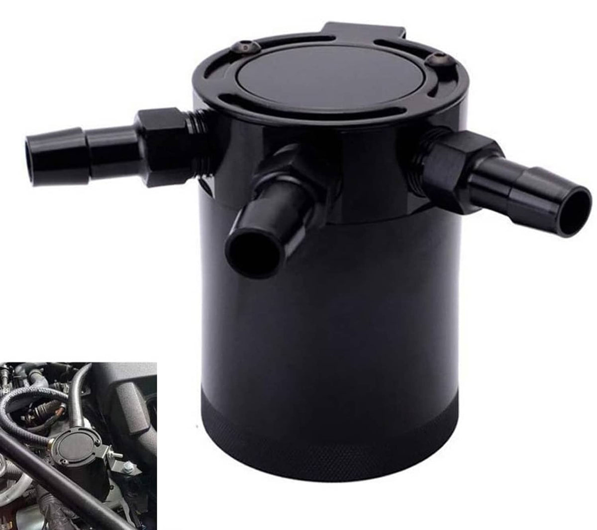 Black cylindrical 3-port oil catch can with top cap and three side hose fittings