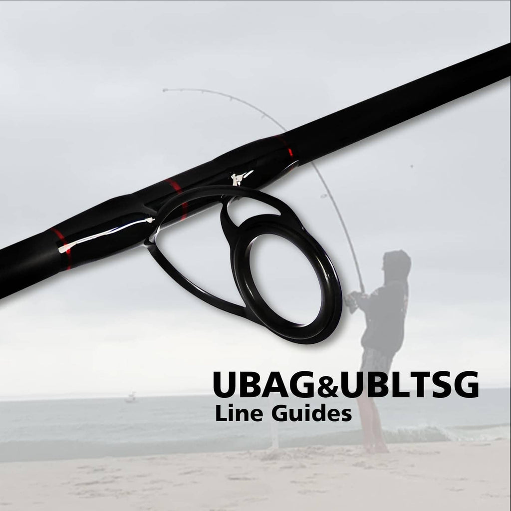 Black graphite surf spinning fishing rod with red accent line guides and metal reel seat