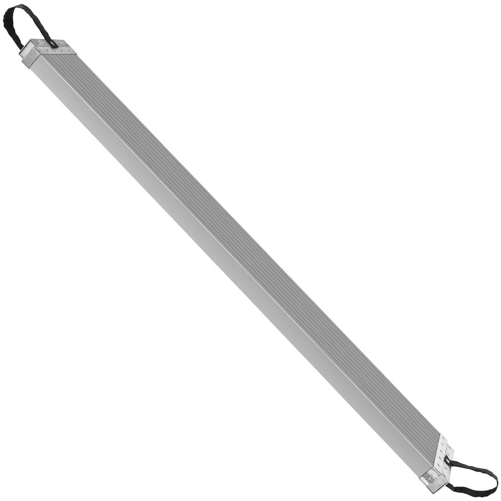 Aluminum telescoping scaffold plank with ribbed surface and black lifting straps, end brackets