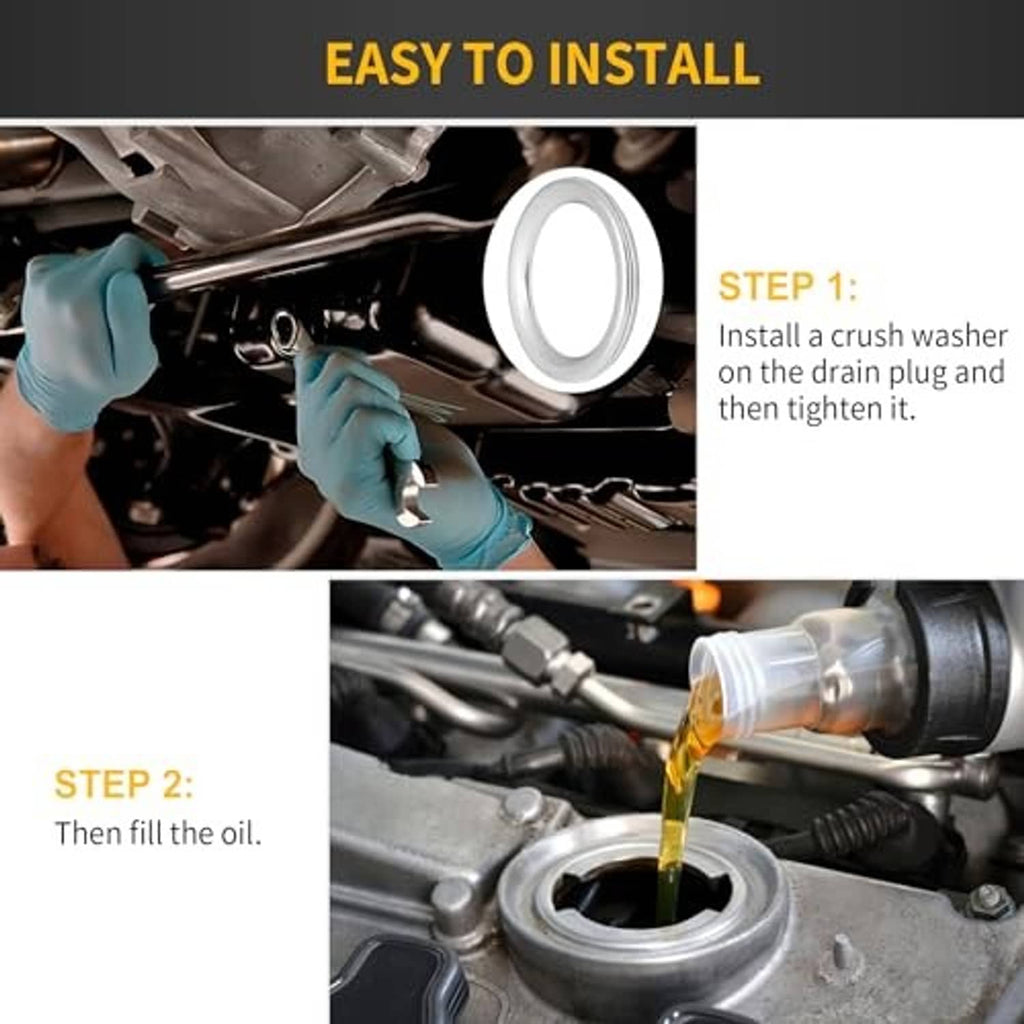 Silver crush washer positioned above engine drain plug area during installation.