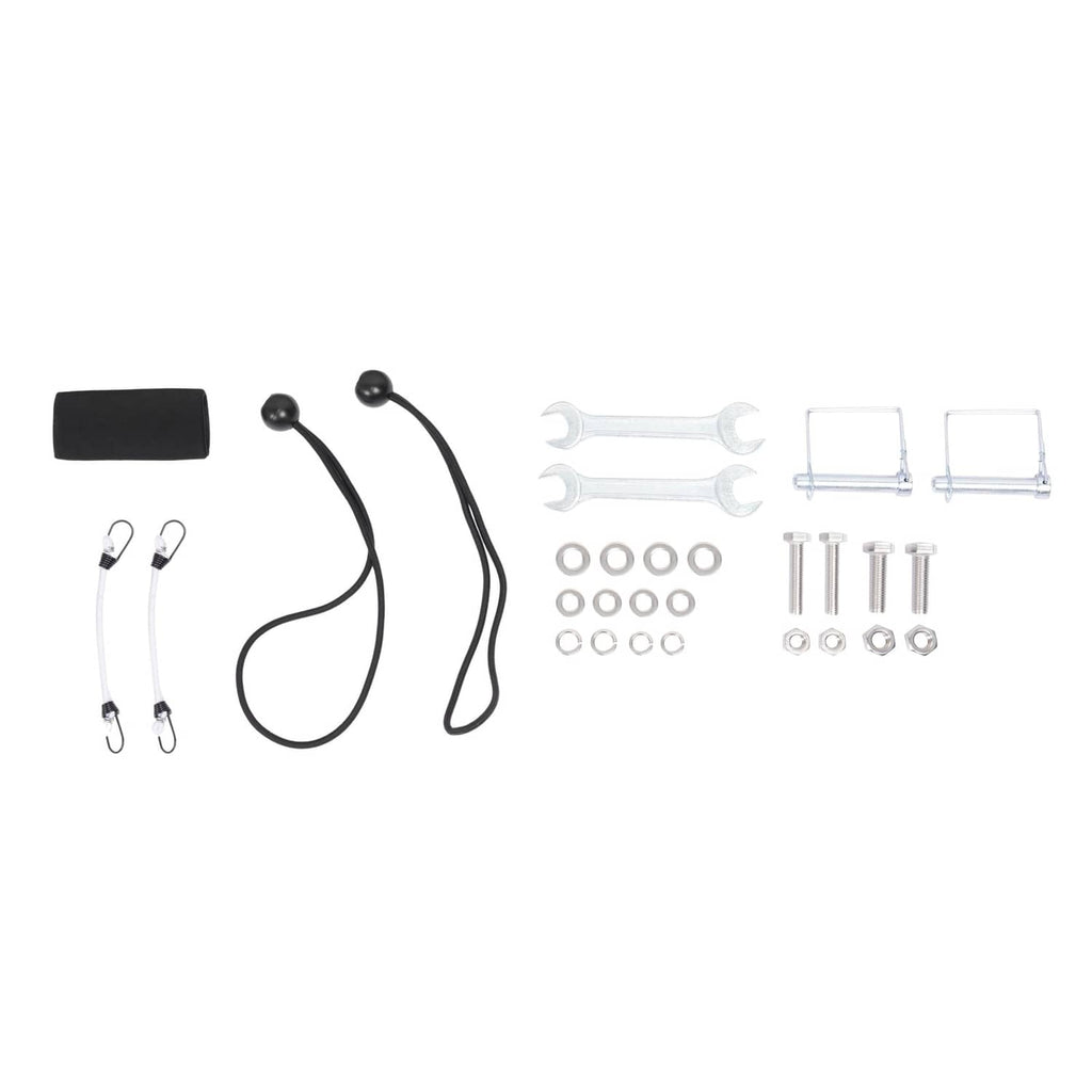 Boat sun shade hardware set with straps, clamps, and fasteners