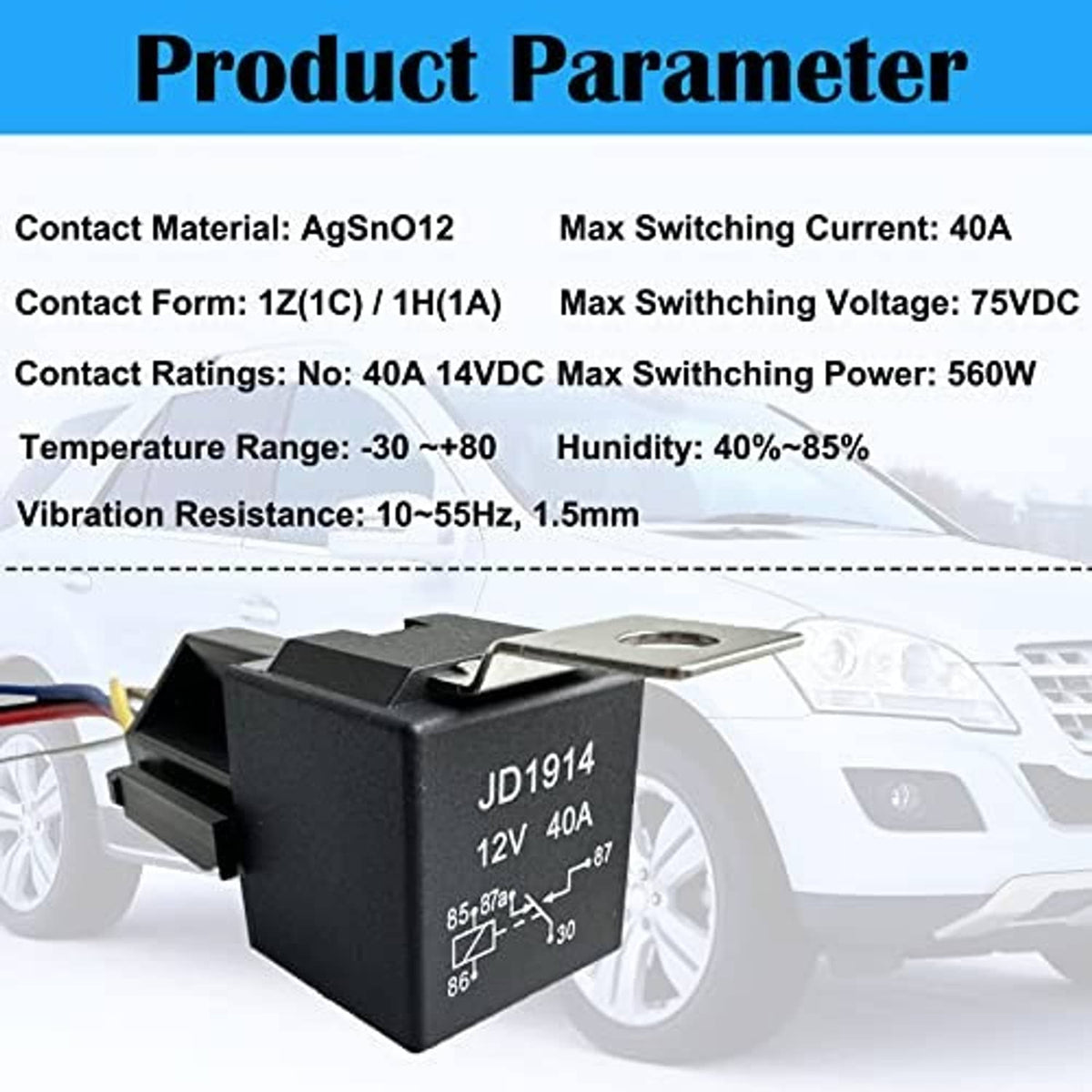 Black 12V automotive relay with color-coded wires and metal mounting bracket