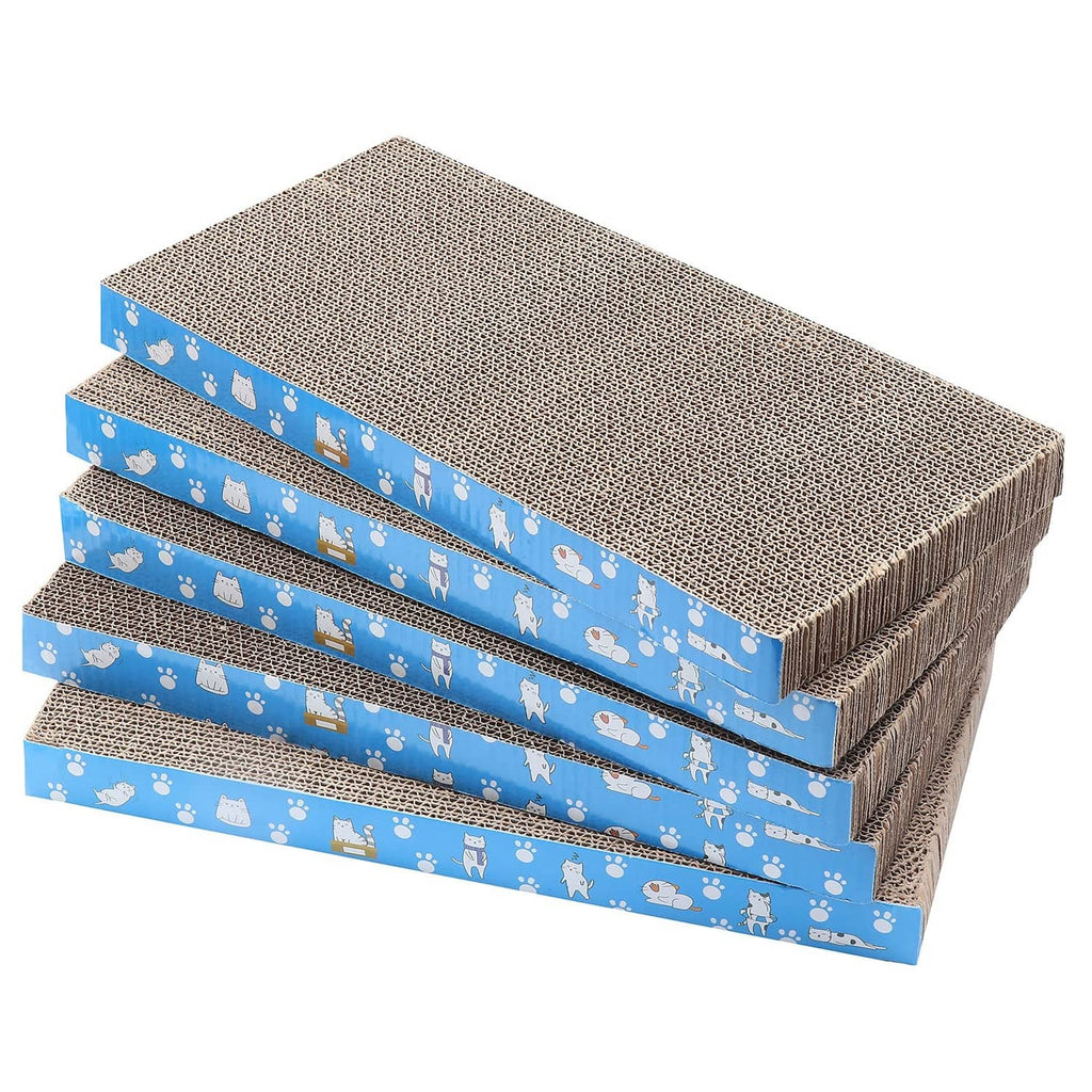 Layered cat scratch pads set with beige corrugated texture and blue pet-print band