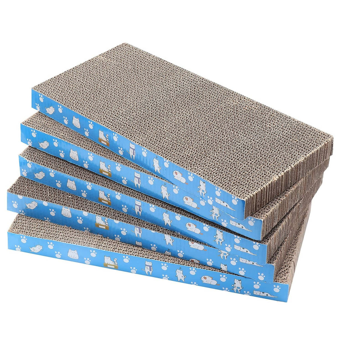 Layered cat scratch pads set with beige corrugated texture and blue pet-print band