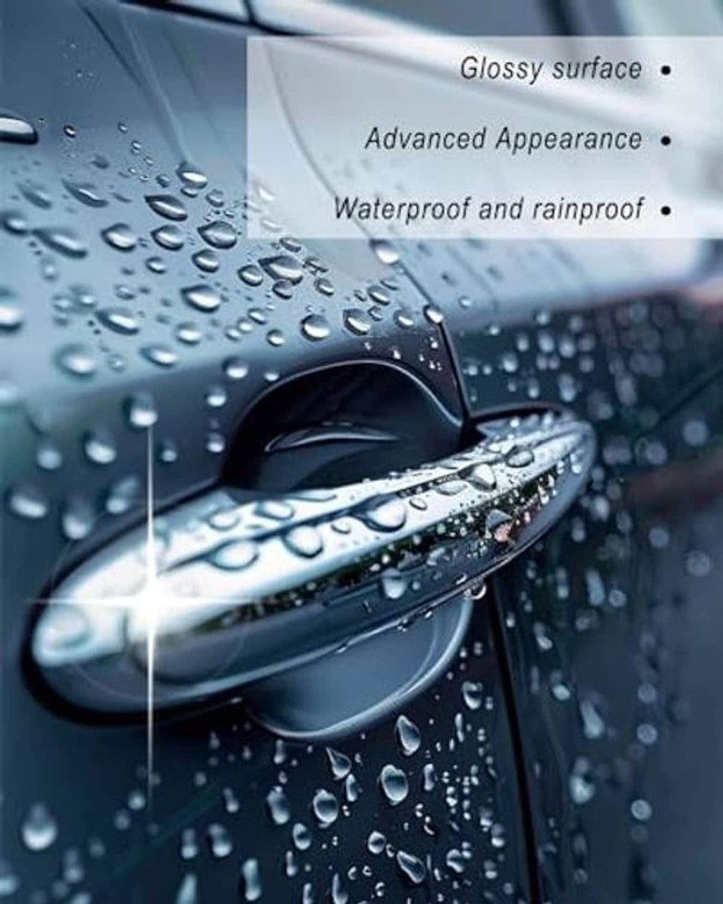 Chrome exterior door handle with raindrop-covered surface