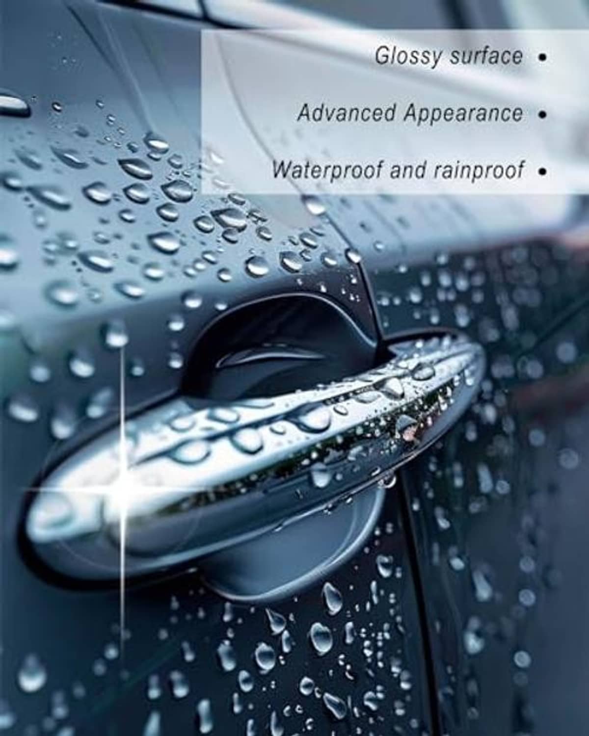 Chrome exterior door handle with raindrop-covered surface