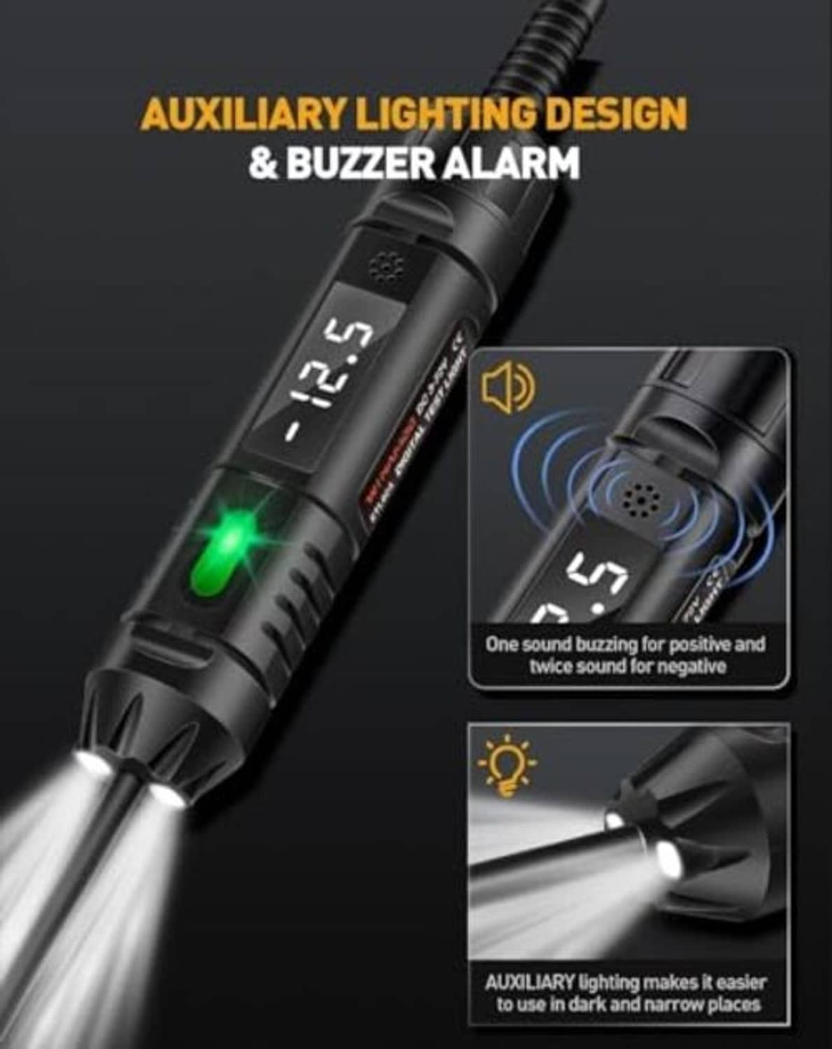 Circuit tester with green LED and buzzer speaker end, dual probe tips visible