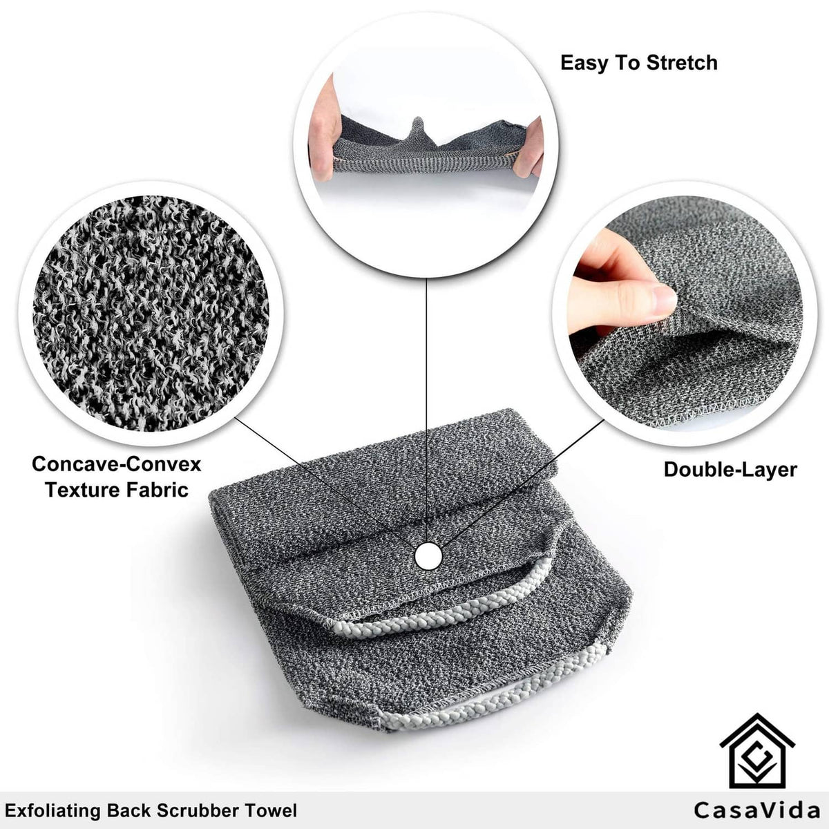 Gray double-layer exfoliating back scrubber towel with textured fabric panels