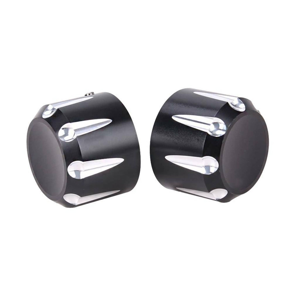 Pair of black thick-cut front axle cap nut covers with chrome bolts