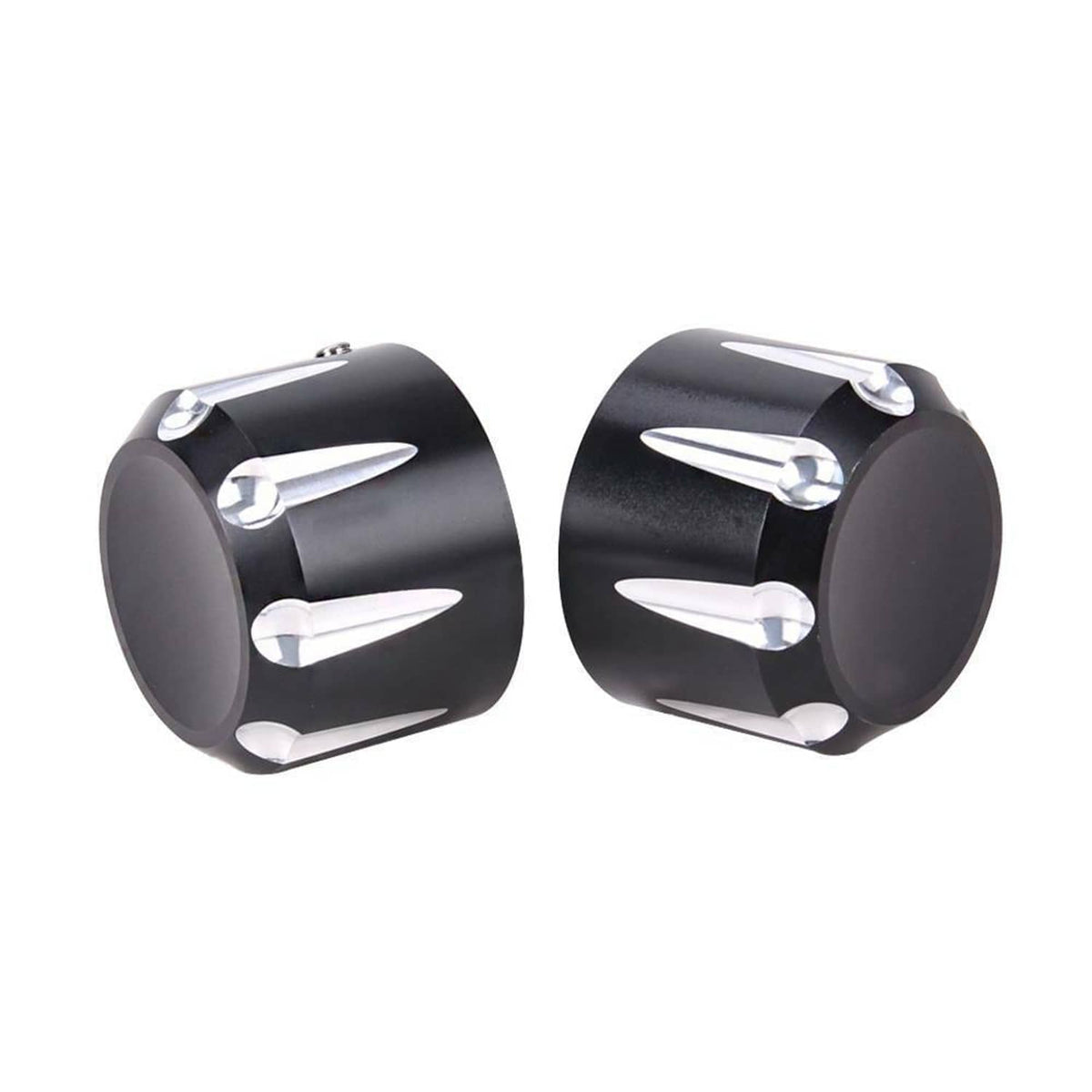 Pair of black thick-cut front axle cap nut covers with chrome bolts