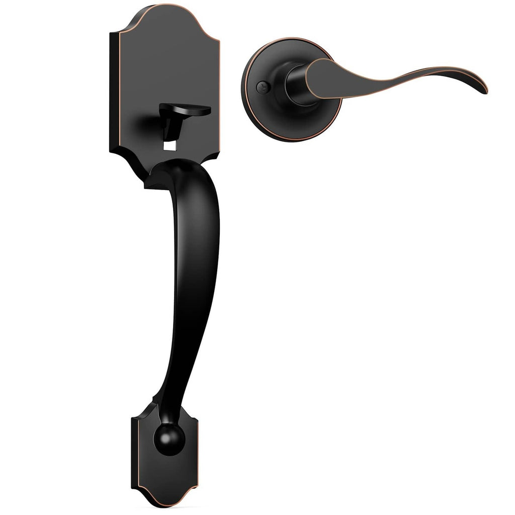 Oil-rubbed bronze front door handle without lock, curved lever and round rose