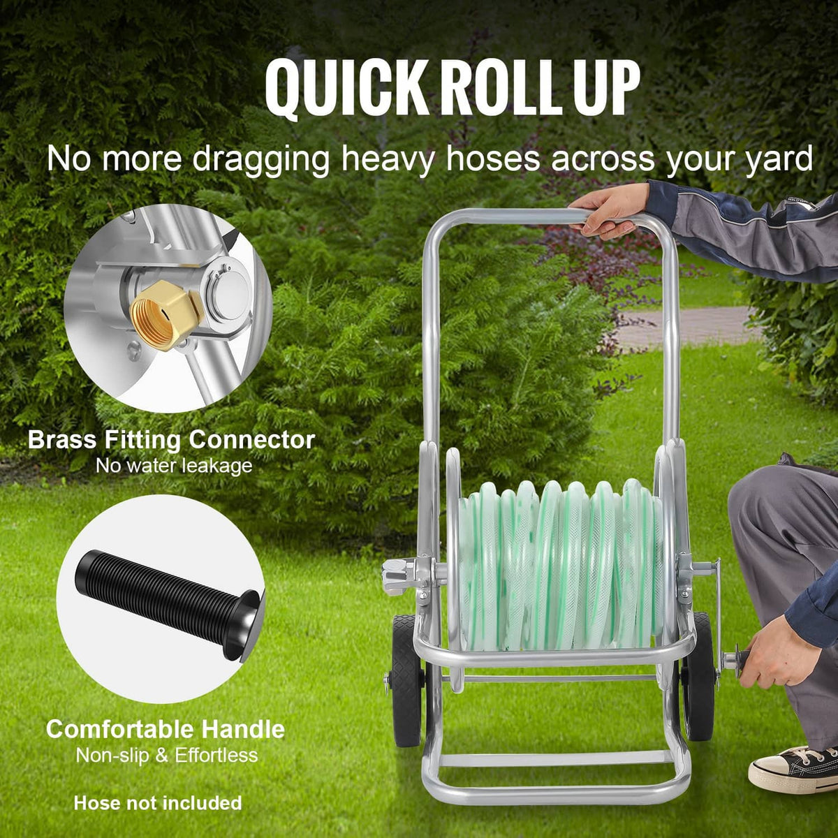 Silver hose reel cart holding light green hose on a black drum